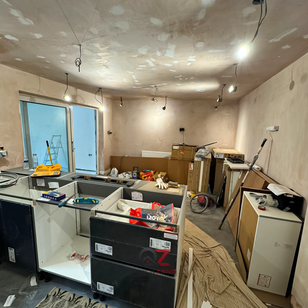 modern white marble kitchen island during renovation